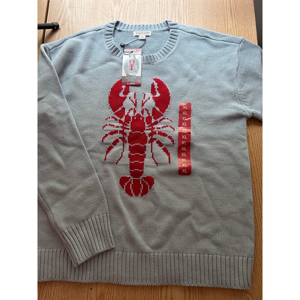 New Women’s Mighty Fine Lobster 🦞 Print Sweater Cotton Acrylic Baby Blue XL